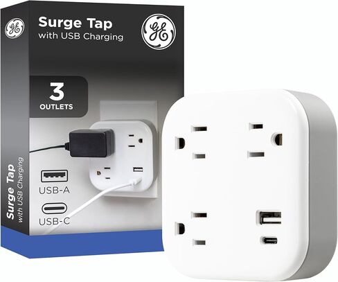 GE UltraPro 3-Outlet Surge Protector Wall Tap, 980J, USB-C & USB-A Ports, Adapter-Spaced Outlets, Circuit Breaker, ETL Certified, Low-Profile Design, White, 85875 in Kuwait