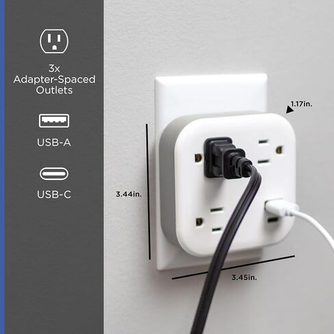 GE UltraPro 3-Outlet Surge Protector Wall Tap, 980J, USB-C & USB-A Ports, Adapter-Spaced Outlets, Circuit Breaker, ETL Certified, Low-Profile Design, White, 85875 in Kuwait