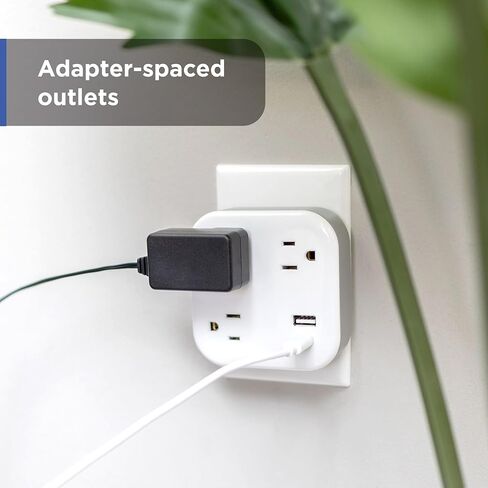 GE UltraPro 3-Outlet Surge Protector Wall Tap, 980J, USB-C & USB-A Ports, Adapter-Spaced Outlets, Circuit Breaker, ETL Certified, Low-Profile Design, White, 85875 in Kuwait