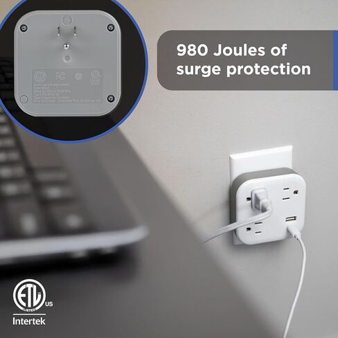 GE UltraPro 3-Outlet Surge Protector Wall Tap, 980J, USB-C & USB-A Ports, Adapter-Spaced Outlets, Circuit Breaker, ETL Certified, Low-Profile Design, White, 85875 in Kuwait