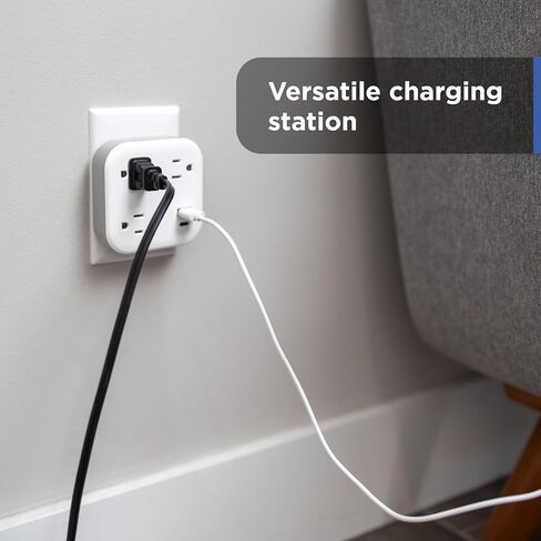 GE UltraPro 3-Outlet Surge Protector Wall Tap, 980J, USB-C & USB-A Ports, Adapter-Spaced Outlets, Circuit Breaker, ETL Certified, Low-Profile Design, White, 85875 in Kuwait