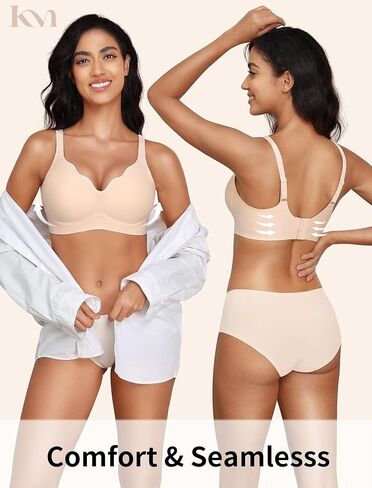 Wireless Supportive Lift Bra - Seamless No Underwire Push Up & Side Back Smoothing for Women Full Coverage, Scalloped Tshirt Bralette - Coffee L in Kuwait