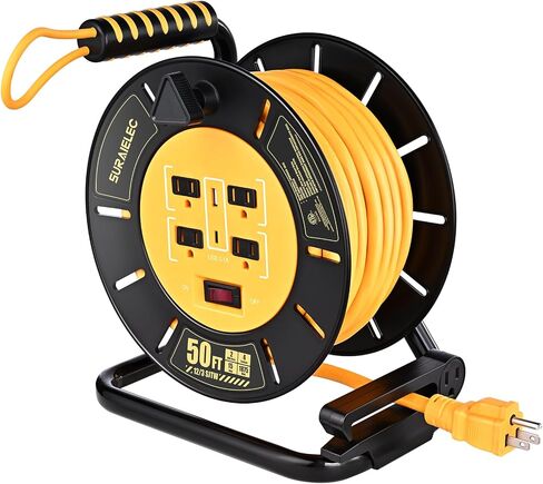 Suraielec 65 FT Extension Cord With 4 Outleds ، Ports USB-A & USB-C ، 14AWG سلك الطاقة الثقيلة ، 13A 1625W ، كرنك اليد المحمولة للاستخدام في الهواء الطلق الداخلي ، مدرجة في ETL in Saudi Arabia