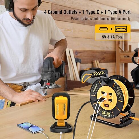 Suraielec 65 FT Extension Cord With 4 Outleds ، Ports USB-A & USB-C ، 14AWG سلك الطاقة الثقيلة ، 13A 1625W ، كرنك اليد المحمولة للاستخدام في الهواء الطلق الداخلي ، مدرجة في ETL in Saudi Arabia