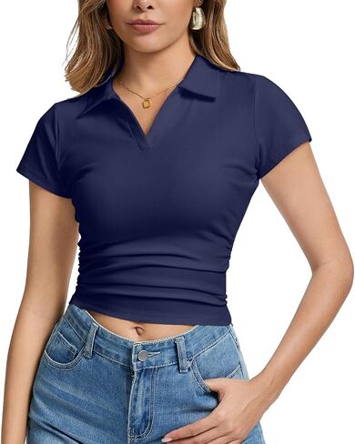 Inadays T Shirts for Women V Neck Summer Tops Short Sleeve Going Out Tops Slim Fit Workout Outfits Tight Tee in Kuwait