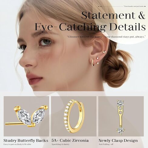 3pcs elegant and stylish golden butterfly-shaped pink zirconia stud earrings for women。Surgical Steel Drop Dangle Small Huggie Hoop Earrings Set 14K Gold Plated Hypoallergenic CZ Stud Earrings for Women Waterproof and Non Tarnish Rectangle in Saudi Arabia
