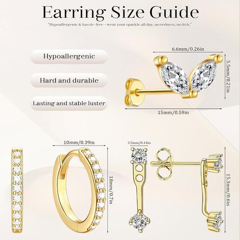 3pcs elegant and stylish golden butterfly-shaped pink zirconia stud earrings for women。Surgical Steel Drop Dangle Small Huggie Hoop Earrings Set 14K Gold Plated Hypoallergenic CZ Stud Earrings for Women Waterproof and Non Tarnish Rectangle in Saudi Arabia