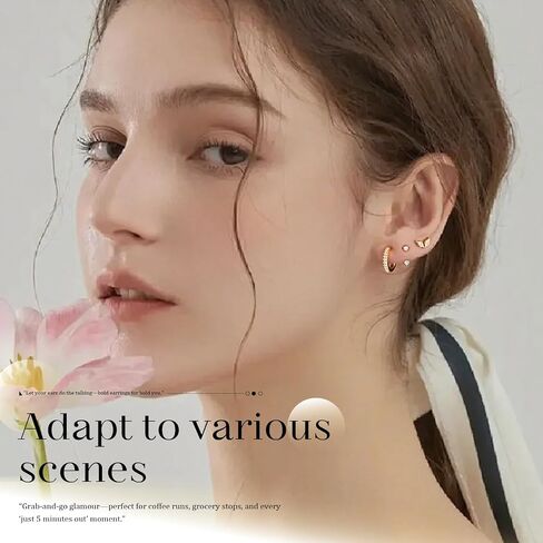 3pcs elegant and stylish golden butterfly-shaped pink zirconia stud earrings for women。Surgical Steel Drop Dangle Small Huggie Hoop Earrings Set 14K Gold Plated Hypoallergenic CZ Stud Earrings for Women Waterproof and Non Tarnish Rectangle in Saudi Arabia