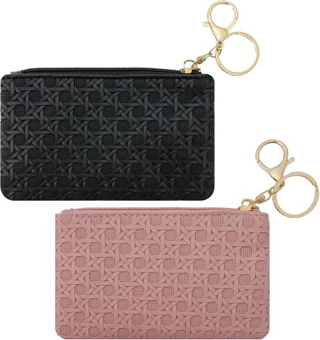 2Pcs Small Coin Purse for Women Mini PU Leather Zipper Change Pouch Wallet Card Holder with Key Chain for Credit Card Money Key Headset Lipstick (Black, Pink) in Kuwait