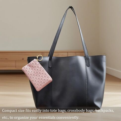 2Pcs Small Coin Purse for Women Mini PU Leather Zipper Change Pouch Wallet Card Holder with Key Chain for Credit Card Money Key Headset Lipstick (Black, Pink) in Kuwait