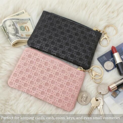 2Pcs Small Coin Purse for Women Mini PU Leather Zipper Change Pouch Wallet Card Holder with Key Chain for Credit Card Money Key Headset Lipstick (Black, Pink) in Kuwait