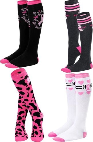 SATINIOR 4 Pair of Breast Cancer Awareness Socks Pink Ribbon Soft Crew Sport Knee High Football Softball Socks Women Girls in Saudi Arabia