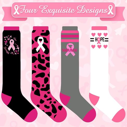 SATINIOR 4 Pair of Breast Cancer Awareness Socks Pink Ribbon Soft Crew Sport Knee High Football Softball Socks Women Girls in Saudi Arabia