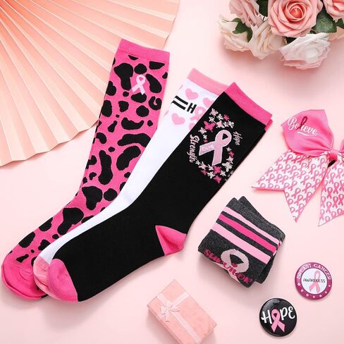 SATINIOR 4 Pair of Breast Cancer Awareness Socks Pink Ribbon Soft Crew Sport Knee High Football Softball Socks Women Girls in Saudi Arabia