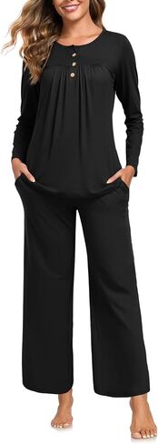 طقم بيجامة نسائي بيجامة بأكمام طويلة للنساء طقم مكون من قطعتين طقم صالة ناعم Pj طقم ملابس نوم خريفي مع جيوب in Kuwait