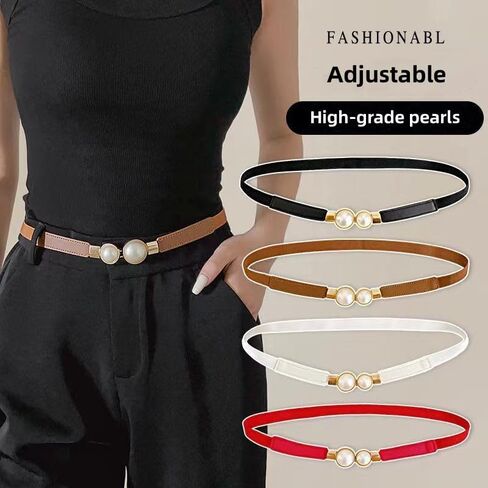 Faux Pearl Skinny Stretchy Waist Belt, Women's Decoration For Dress, Elastic Thin Waistband for Dress in Saudi Arabia
