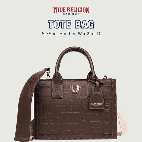 حقيبة يد عصرية تحمل شعار True Religion Mega، حقيبة كتف يومية منظمة، حزام كروس قابل للتعديل، تصميم داخلي واسع، لون الشوكولاتة in Kuwait