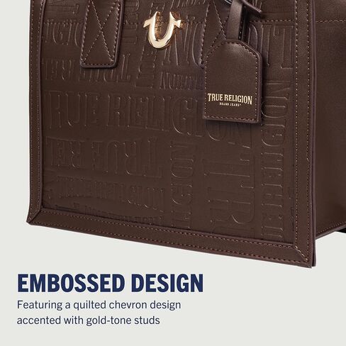 حقيبة يد عصرية تحمل شعار True Religion Mega، حقيبة كتف يومية منظمة، حزام كروس قابل للتعديل، تصميم داخلي واسع، لون الشوكولاتة in Kuwait