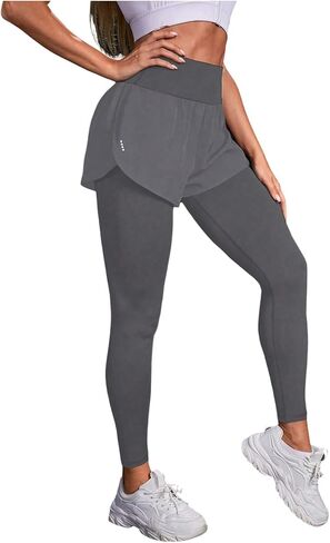 OYOANGLE Women's Solid 2 in 1 Sports Leggings Pants Running Shorts with Liner Skinny Tight in Saudi Arabia