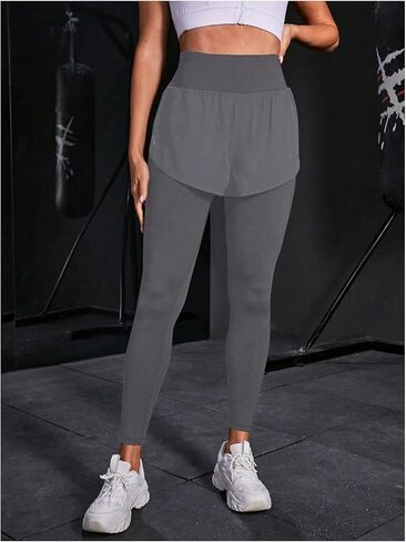 OYOANGLE Women's Solid 2 in 1 Sports Leggings Pants Running Shorts with Liner Skinny Tight in Saudi Arabia