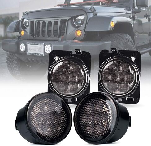 Xprite LED Turn Signal Lights w/White DRL Halo, Smoked Lens Fender Side Marker Lights Indicator Lamp Compatible with 2007-2018 Jeep Wrangler JK & Wrangler Unlimited in Saudi Arabia