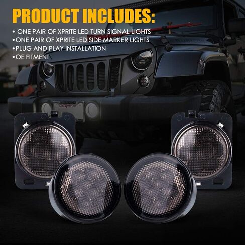 Xprite LED Turn Signal Lights w/White DRL Halo, Smoked Lens Fender Side Marker Lights Indicator Lamp Compatible with 2007-2018 Jeep Wrangler JK & Wrangler Unlimited in Saudi Arabia