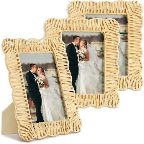 3 Pcs Scalloped Wicker Weave Rattan Photo Frame for Picture Handmade Rattan Made Picture Frames Wall Decor Boho Farmhouse Style Tabletop Photo Display Decorative Home Bookshelf (5 x 7) in Kuwait