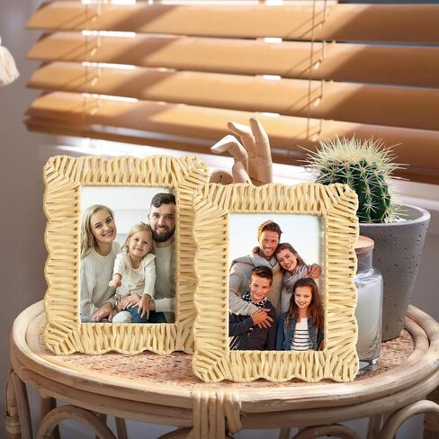 3 Pcs Scalloped Wicker Weave Rattan Photo Frame for Picture Handmade Rattan Made Picture Frames Wall Decor Boho Farmhouse Style Tabletop Photo Display Decorative Home Bookshelf (5 x 7) in Kuwait