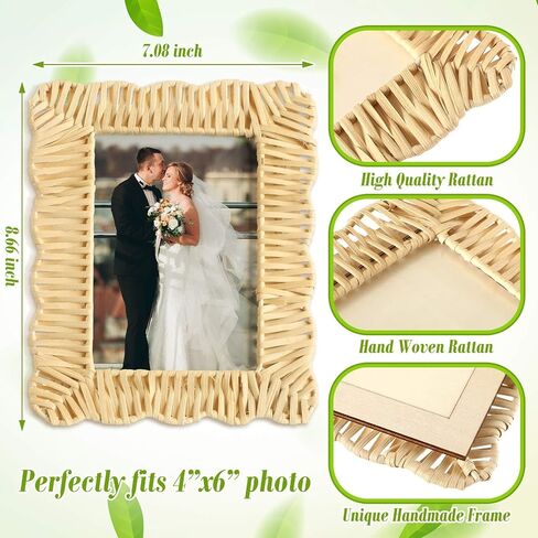 3 Pcs Scalloped Wicker Weave Rattan Photo Frame for Picture Handmade Rattan Made Picture Frames Wall Decor Boho Farmhouse Style Tabletop Photo Display Decorative Home Bookshelf (5 x 7) in Kuwait