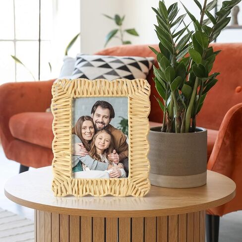 3 Pcs Scalloped Wicker Weave Rattan Photo Frame for Picture Handmade Rattan Made Picture Frames Wall Decor Boho Farmhouse Style Tabletop Photo Display Decorative Home Bookshelf (5 x 7) in Kuwait