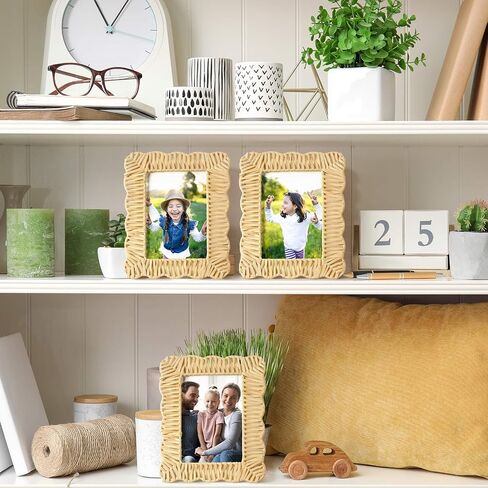 3 Pcs Scalloped Wicker Weave Rattan Photo Frame for Picture Handmade Rattan Made Picture Frames Wall Decor Boho Farmhouse Style Tabletop Photo Display Decorative Home Bookshelf (5 x 7) in Kuwait