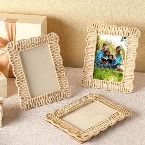 3 Pcs Scalloped Wicker Weave Rattan Photo Frame for Picture Handmade Rattan Made Picture Frames Wall Decor Boho Farmhouse Style Tabletop Photo Display Decorative Home Bookshelf (5 x 7) in Kuwait