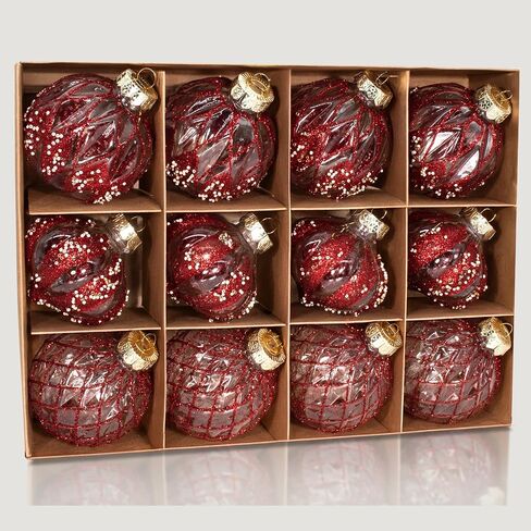 12 PCS Clear and Champagne Christmas Ball Ornaments, 80mm/3.15 Inches Rustic Farmhouse Christmas Decorations, Large Shatterproof Luxury Hand-Painted Xmas Ornaments for Christmas Tree, Wedding in Saudi Arabia