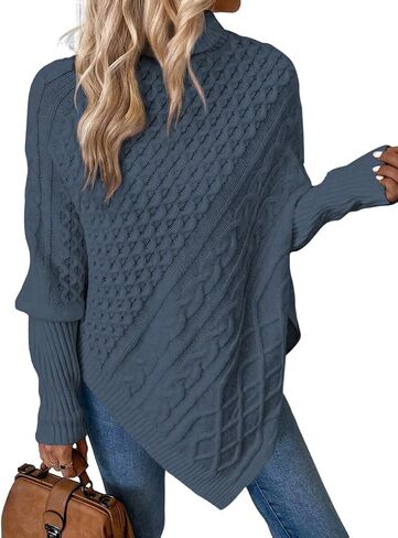 ZAFUL Women's Asymmetrical Turtleneck Poncho Sweaters Drop Shoulder Cable Knit Casual Pullover Sweater in Saudi Arabia