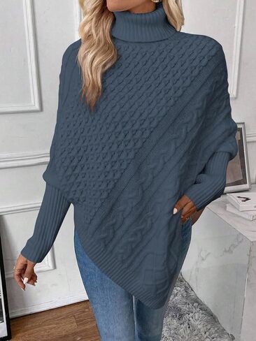 ZAFUL Women's Asymmetrical Turtleneck Poncho Sweaters Drop Shoulder Cable Knit Casual Pullover Sweater in Saudi Arabia