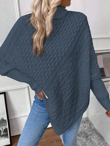 ZAFUL Women's Asymmetrical Turtleneck Poncho Sweaters Drop Shoulder Cable Knit Casual Pullover Sweater in Saudi Arabia