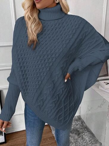 ZAFUL Women's Asymmetrical Turtleneck Poncho Sweaters Drop Shoulder Cable Knit Casual Pullover Sweater in Saudi Arabia