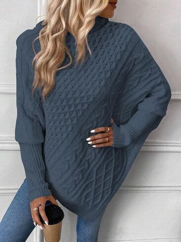 ZAFUL Women's Asymmetrical Turtleneck Poncho Sweaters Drop Shoulder Cable Knit Casual Pullover Sweater in Saudi Arabia