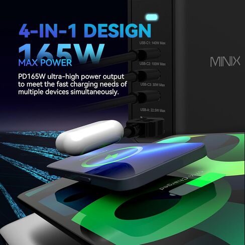MINIX 100W USB C Charger, 4-Port USB-A/C Foldable Fast PPS Gan Charger (Max 100W/30W/22.5W), Compatible with MacBook Pro/Air, iPad, iPhone 15/16 Pro, Galaxy S24, and More for Home, Traveling in Kuwait