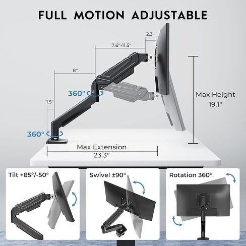 BONTEC Dual Monitor Stand for 15-34 Inch Screens, Gas Spring Adjustable Monitor Arm, Full Motion VESA 75x75/100x100mm Desk Mount with Tilt, Swivel, Rotation, Ergonomic Design for Home Office or Gaming in Kuwait