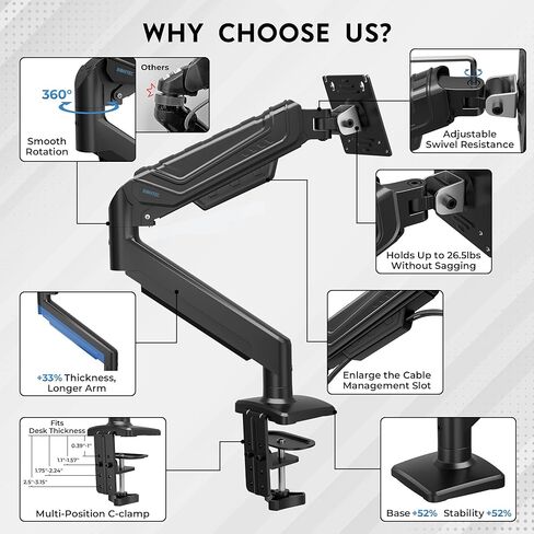 BONTEC Dual Monitor Stand for 15-34 Inch Screens, Gas Spring Adjustable Monitor Arm, Full Motion VESA 75x75/100x100mm Desk Mount with Tilt, Swivel, Rotation, Ergonomic Design for Home Office or Gaming in Kuwait