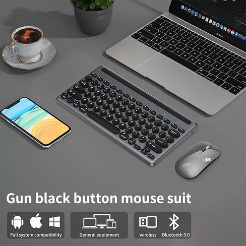 لوحة المفاتيح اللاسلكية وسرد الفأر مع حامل جهاز لوحي الهاتف ، ووضع ثنائي القابل لإعادة الشحن (Bluetooth 5.0 و 3.0 +2.4G) الماوس الصامت متعدد الأجهزة لنظام التشغيل Windows و iPad و Tablet و MacOS و iOS و Android (أسود) in Kuwait