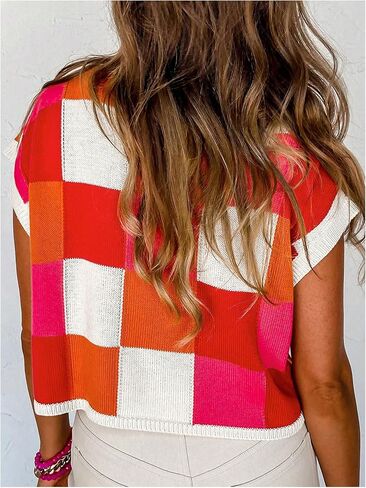Verdusa Women's Colorblock Plaid Cozy Sweaters Vest Cap Sleeve Lightweight Pullover Knit Tops in Saudi Arabia
