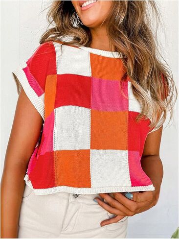 Verdusa Women's Colorblock Plaid Cozy Sweaters Vest Cap Sleeve Lightweight Pullover Knit Tops in Saudi Arabia