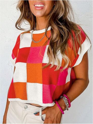 Verdusa Women's Colorblock Plaid Cozy Sweaters Vest Cap Sleeve Lightweight Pullover Knit Tops in Saudi Arabia
