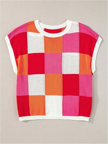 Verdusa Women's Colorblock Plaid Cozy Sweaters Vest Cap Sleeve Lightweight Pullover Knit Tops in Saudi Arabia