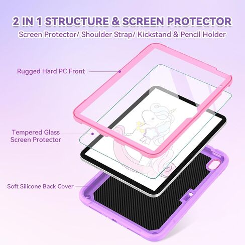 Acemo iPad 10 Case 10.9 بوصة/iPad (A16) حالة الجيل الحادي عشر 11 بوصة مع حامي الشاشة/حزام الكتف/حامل القلم الرصاص/Kickstand Cute Kids Girls for iPad 2022 2025 Pink in Saudi Arabia