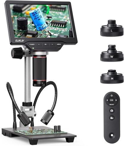 مجهر رقمي من Elikliv 4K: Max Max Max Magnetic 3 Lens Coin Microscope مع عرض 10.1 "IPS ، HDMI/USB الإخراج لحام ثنائي الفينيل متعدد الكلور ، جمع العملة المعدنية ، 10" حامل ، عن بُعد و 64 جيجابايت in Saudi Arabia