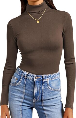 Poetsky Womens Turtleneck Long Sleeve Tops Fall Slim Fitted Shirts Ribbed Thermal Underwear Tops in Kuwait