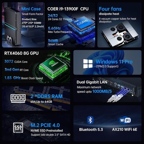 MSECORE MINI PC I9 ، CORE I9-13900F 24 CORES UP TO 5.6GHz مع GERFORCE RTX 4070 12G كمبيوتر سطح المكتب ، 64G DDR5 RAM 4T PCIE 4.0 SSD ، WIFI 6E ، دعم 8K ، أربعة شاشة ، LAN ، Windows 11 PRO PRO in Kuwait